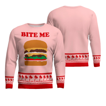 Burger Bite Me Sticker 1970 Ugly Christmas Sweater Powder Pink – Moonbestprint