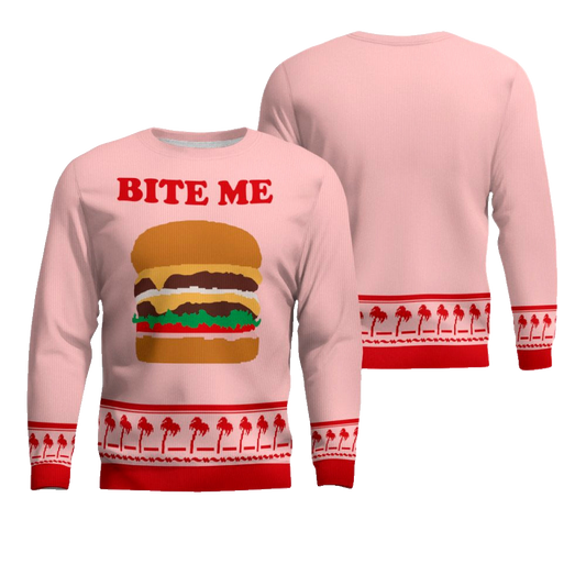 Burger Bite Me Sticker 1970 Ugly Christmas Sweater Powder Pink – Moonbestprint