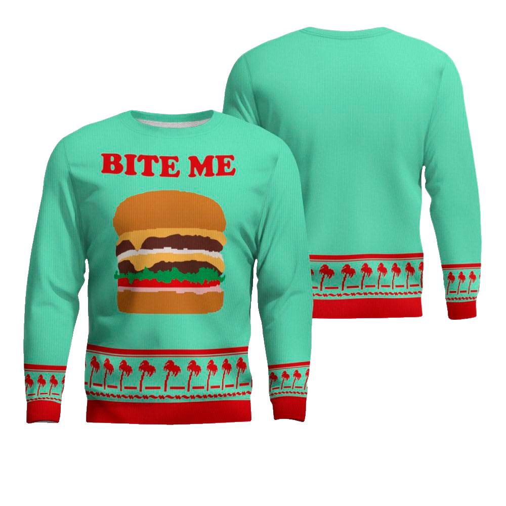 Burger Bite Me Sticker 1970 Ugly Christmas Sweater Seafoam Green – Moonbestprint