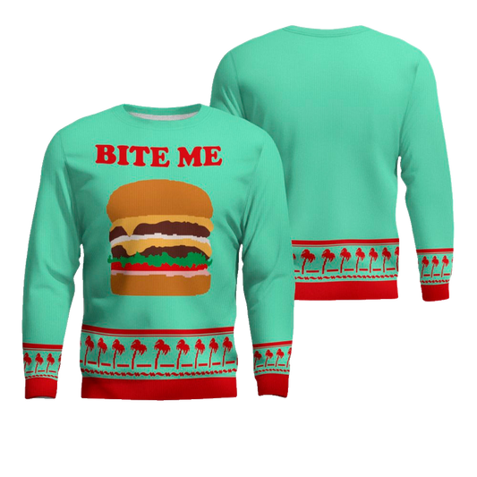 Burger Bite Me Sticker 1970 Ugly Christmas Sweater Seafoam Green – Moonbestprint