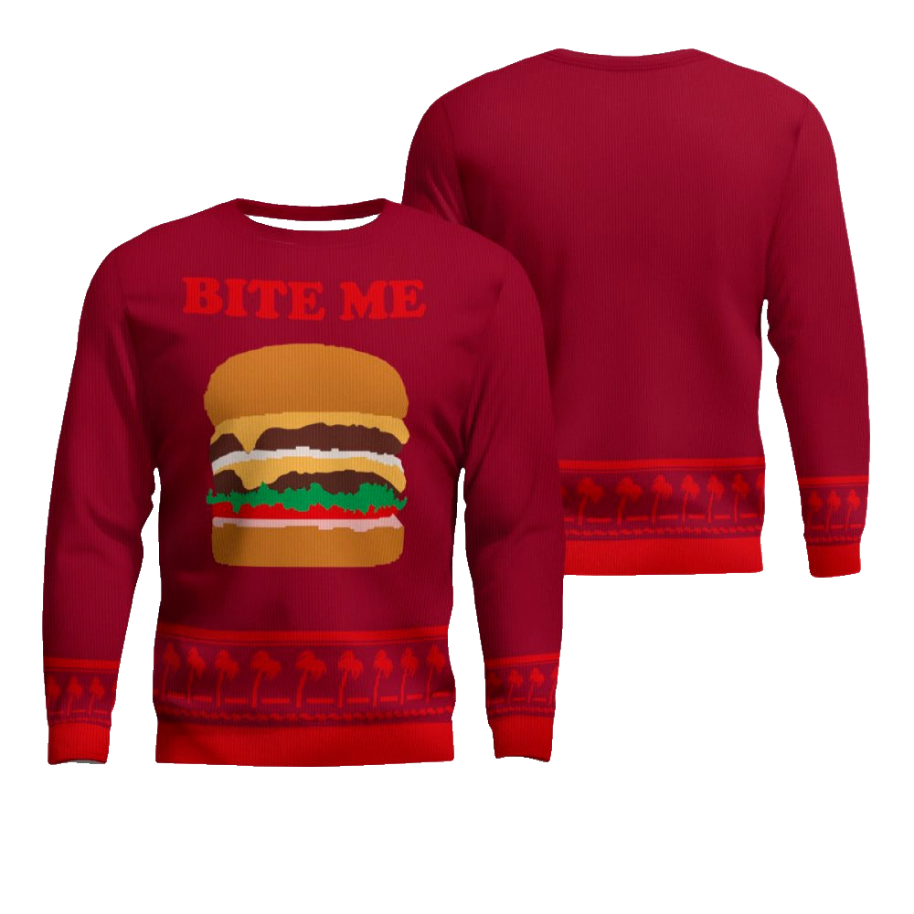 Burger Bite Me Sticker 1970 Ugly Christmas Sweater Burgundy – Moonbestprint
