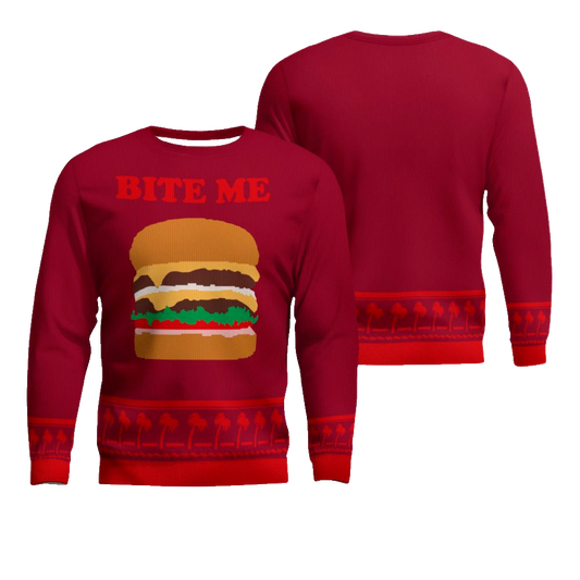 Burger Bite Me Sticker 1970 Ugly Christmas Sweater Burgundy – Moonbestprint