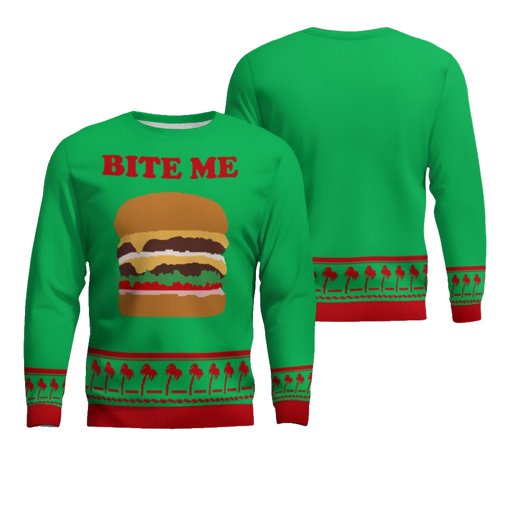 Burger Bite Me Sticker 1970 Ugly Christmas Sweater Green – Moonbestprint