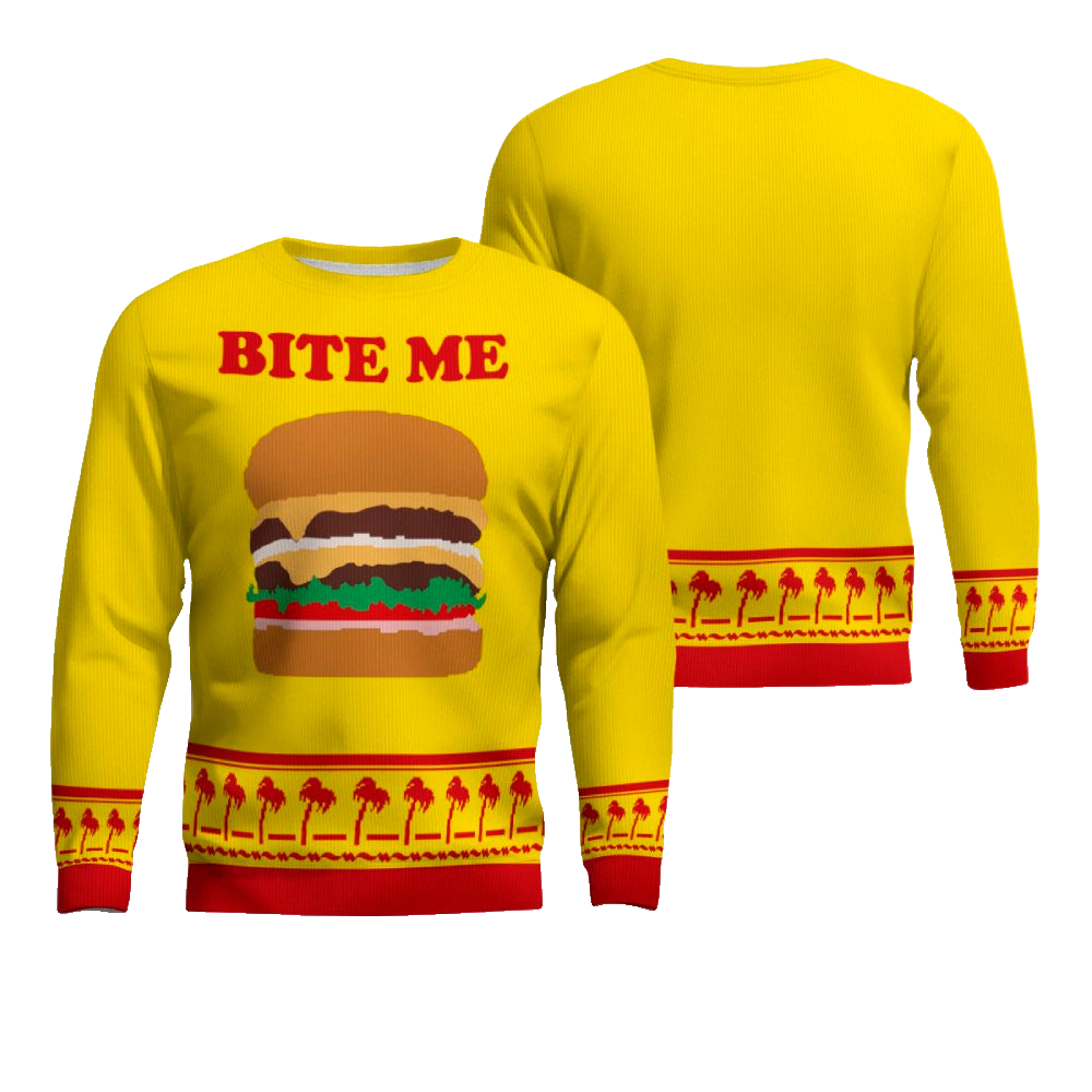 Burger Bite Me Sticker 1970 Ugly Christmas Sweater Golden Yellow – Moonbestprint