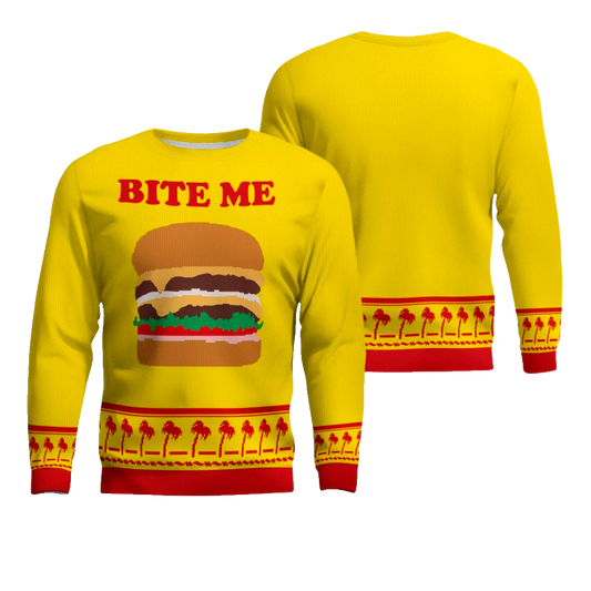 Burger Bite Me Sticker 1970 Ugly Christmas Sweater Golden Yellow – Moonbestprint
