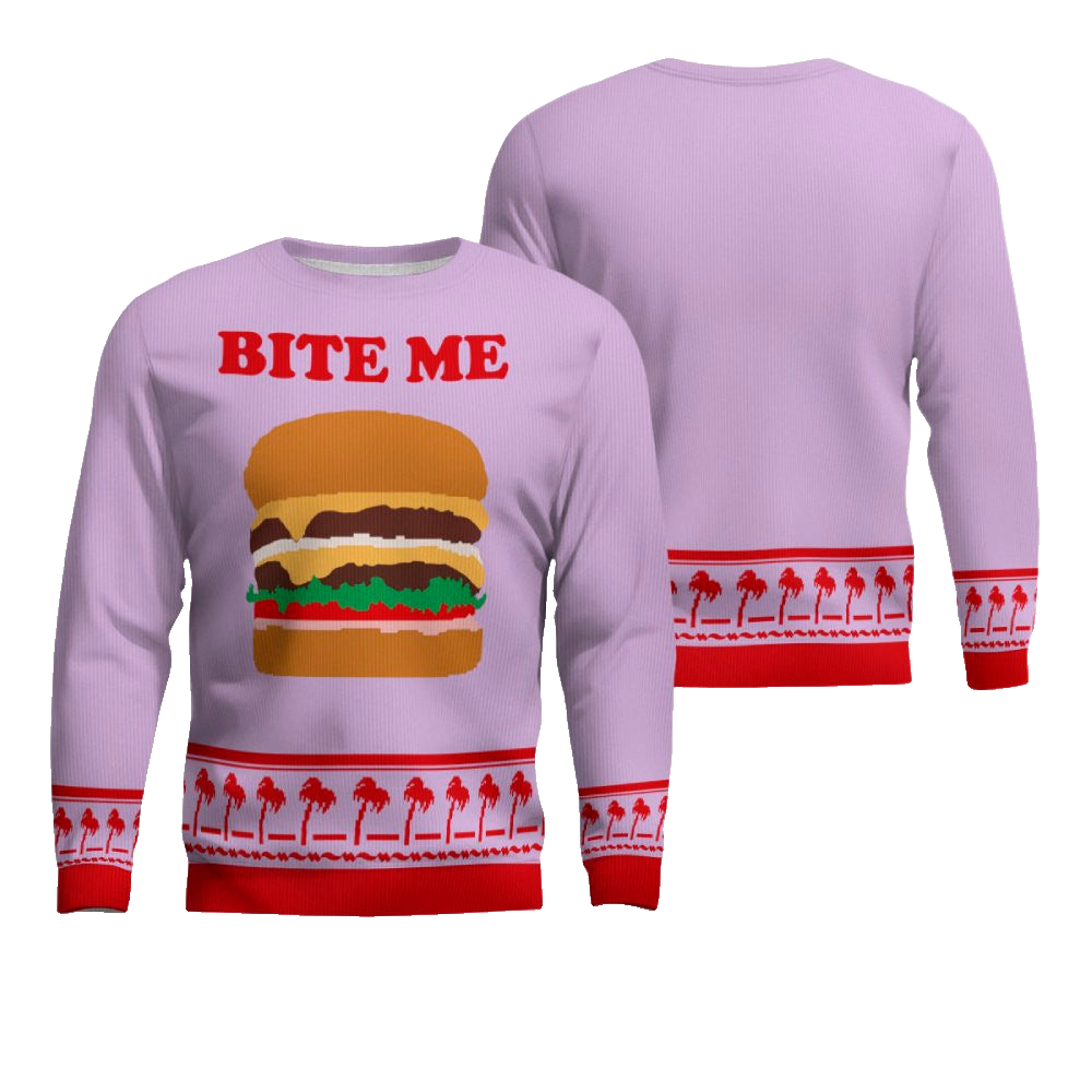 Burger Bite Me Sticker 1970 Ugly Christmas Sweater Dreamy Lavender – Moonbestprint