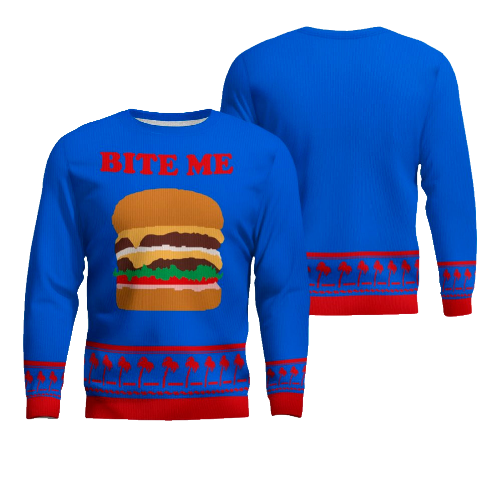 Burger Bite Me Sticker 1970 Ugly Christmas Sweater Blue – Moonbestprint