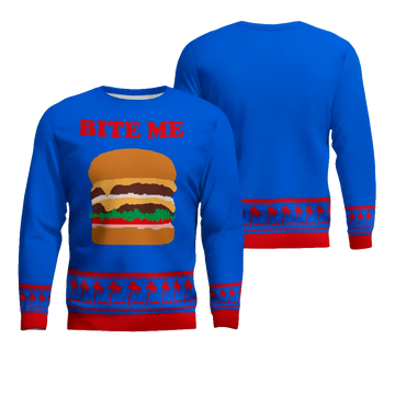 Burger Bite Me Sticker 1970 Ugly Christmas Sweater Blue – Moonbestprint