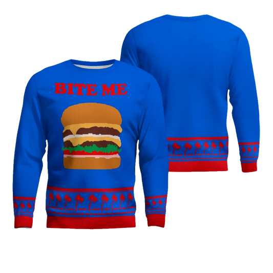 Burger Bite Me Sticker 1970 Ugly Christmas Sweater Blue – Moonbestprint