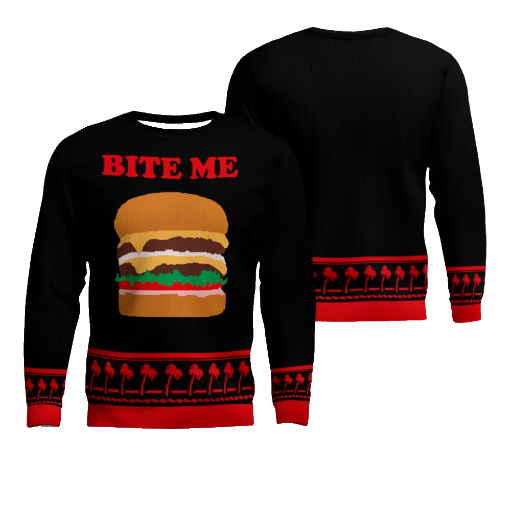 Burger Bite Me Sticker 1970 Ugly Christmas Sweater Black – Moonbestprint
