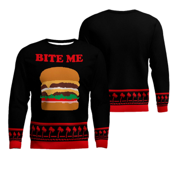Burger Bite Me Sticker 1970 Ugly Christmas Sweater Black – Moonbestprint