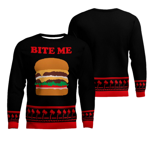 Burger Bite Me Sticker 1970 Ugly Christmas Sweater Black – Moonbestprint