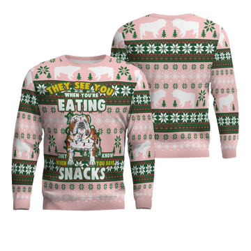 Bulldog They See You When You're Eating Snack Ugly Christmas Sweater Powder Pink – Moonbestprint