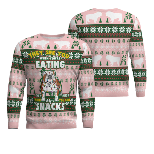 Bulldog They See You When You're Eating Snack Ugly Christmas Sweater Powder Pink – Moonbestprint
