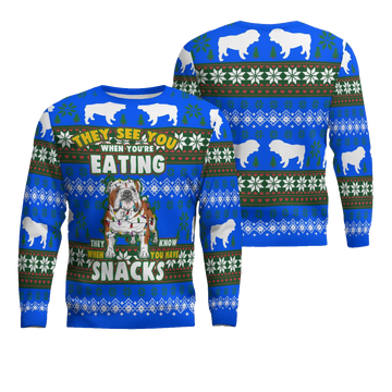Bulldog They See You When You're Eating Snack Ugly Christmas Sweater Blue – Moonbestprint