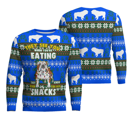 Bulldog They See You When You're Eating Snack Ugly Christmas Sweater Blue – Moonbestprint