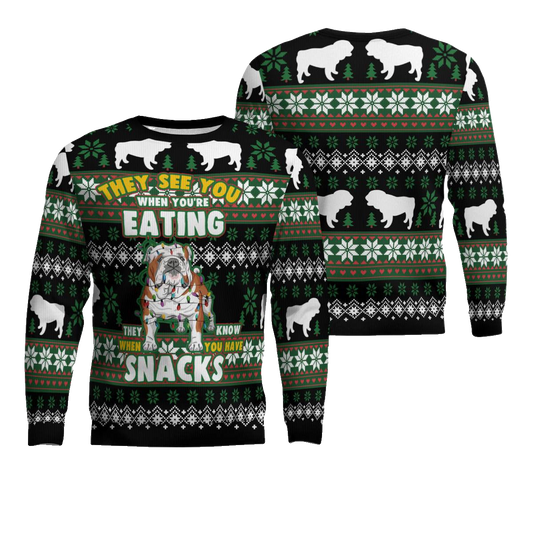 Bulldog They See You When You're Eating Snack Ugly Christmas Sweater Black – Moonbestprint
