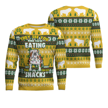 Bulldog They See You When You're Eating Snack Ugly Christmas Sweater Gold Metallic – Moonbestprint