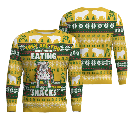 Bulldog They See You When You're Eating Snack Ugly Christmas Sweater Gold Metallic – Moonbestprint