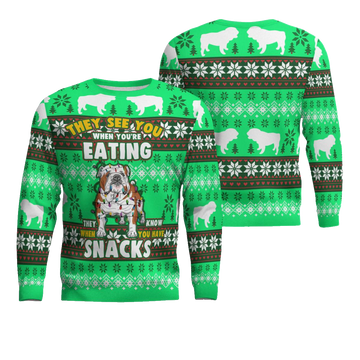 Bulldog They See You When You're Eating Snack Ugly Christmas Sweater Green – Moonbestprint