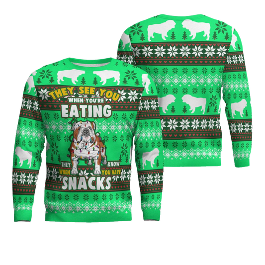 Bulldog They See You When You're Eating Snack Ugly Christmas Sweater Green – Moonbestprint