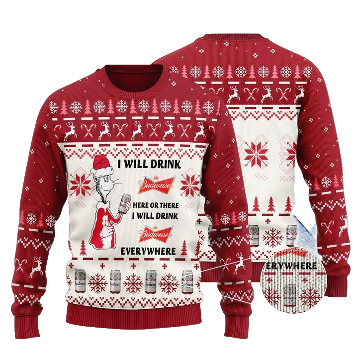 Budweiser Cat Hat Will Drink Everywhere Ugly Sweater – Moonbestprint