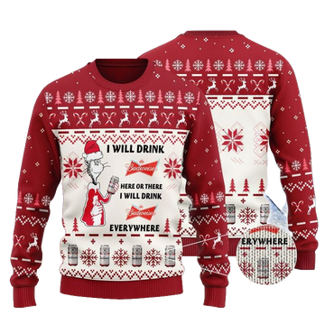 Budweiser Cat Hat Will Drink Everywhere Ugly Sweater – Moonbestprint