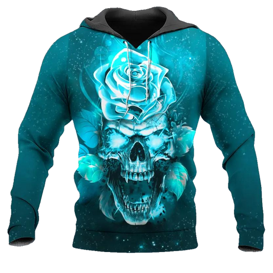 Blue Rose Fantasy Skull 3D All Over Print Hoodie -Moonbestprint