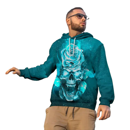 Blue Rose Fantasy Skull 3D All Over Print Hoodie -Moonbestprint