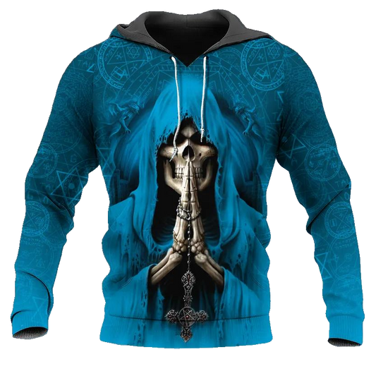 Blue Pray Skull 3D All Over Print Hoodie -Moonbestprint