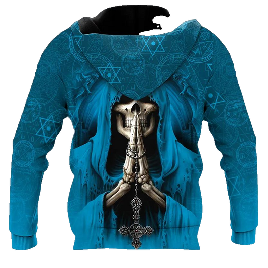 Blue Pray Skull 3D All Over Print Hoodie -Moonbestprint