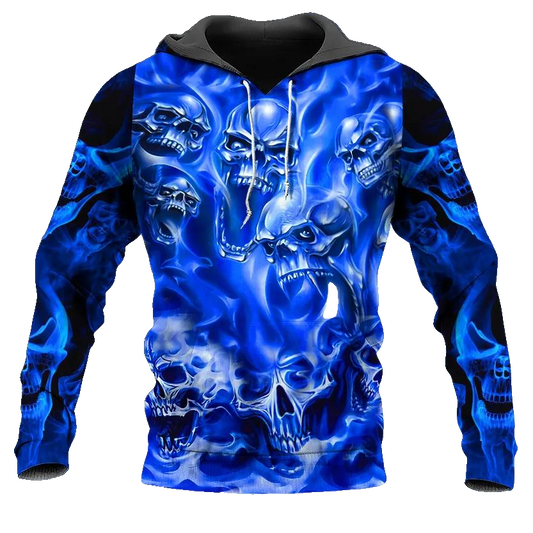 Blue Flame Pile Skull 3D All Over Print Hoodie -Moonbestprint
