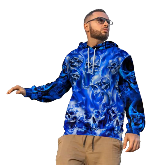 Blue Flame Pile Skull 3D All Over Print Hoodie -Moonbestprint
