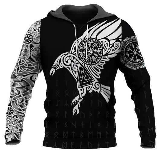 Black White Viking Raven Tattoo 3D All Over Print Hoodie -Moonbestprint