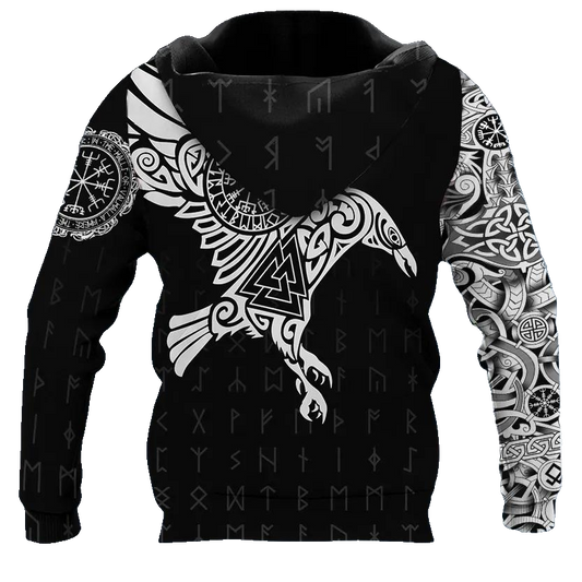 Black White Viking Raven Tattoo 3D All Over Print Hoodie -Moonbestprint