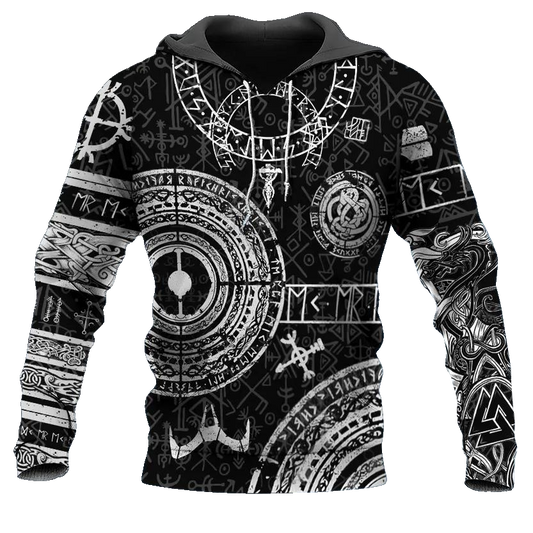 Black White Norse Runes Viking Tattoo 3D All Over Print Hoodie -Moonbestprint