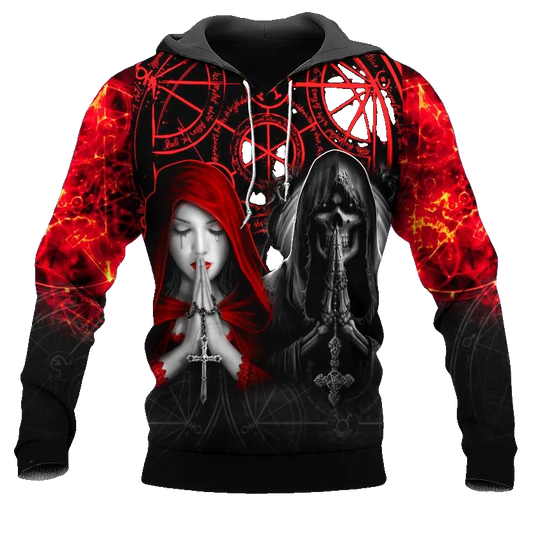 Black Red Gothic Prayer Skull 3D All Over Print Hoodie -Moonbestprint