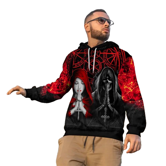 Black Red Gothic Prayer Skull 3D All Over Print Hoodie -Moonbestprint