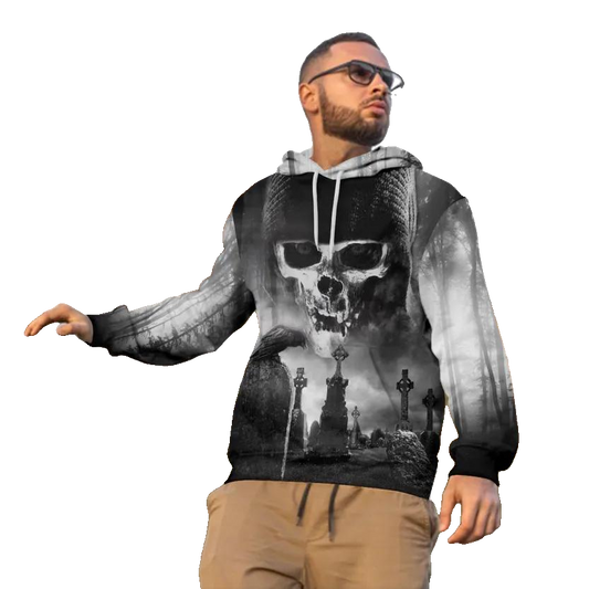 Black And White The Hunt Skull 3D All Over Print Hoodie -Moonbestprint