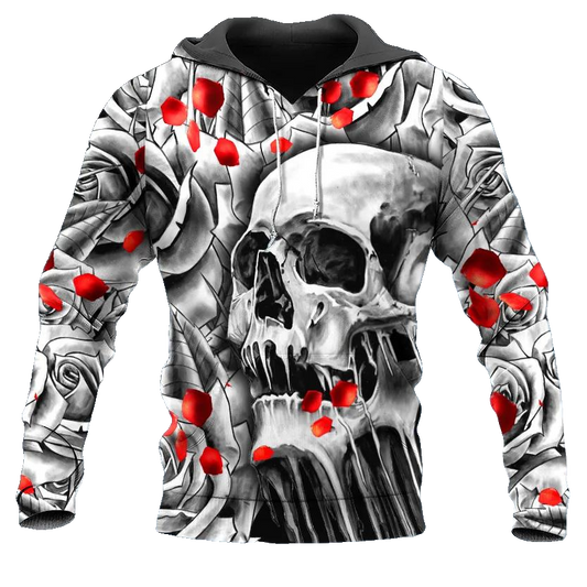 Black And White Roses Skull All Over Print Hoodie -Moonbestprint