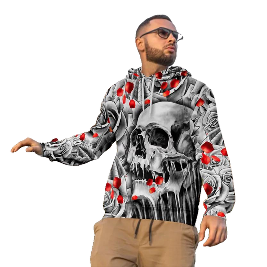 Black And White Roses Skull All Over Print Hoodie -Moonbestprint