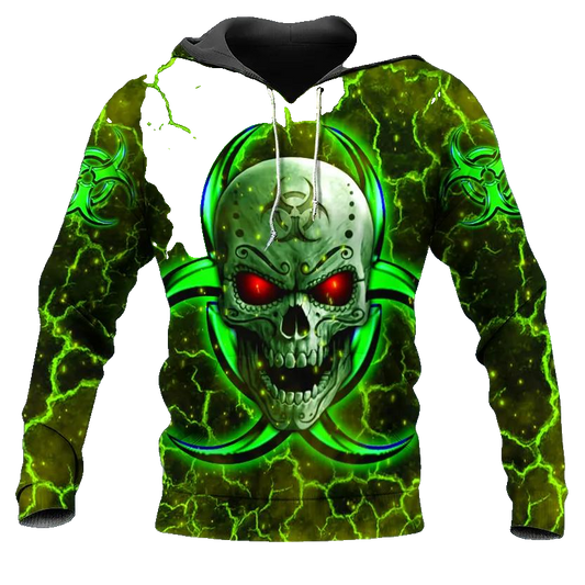 Biohazard Symbol Green Flame Skull 3D All Over Print Hoodie -Moonbestprint