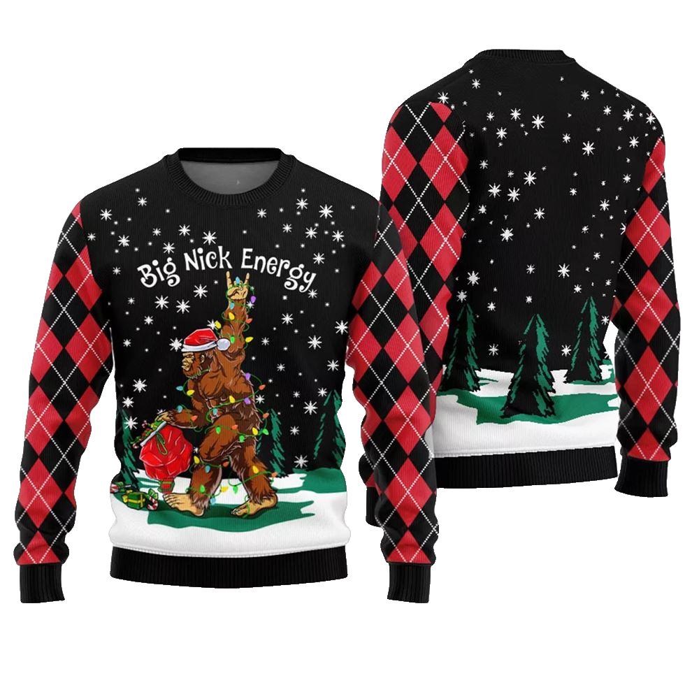 Big Nick Bigfoot Energy Ugly Christmas Sweater - Moonbestprint
