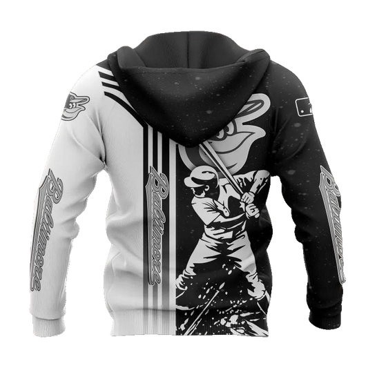 Baltimore Orioles Black And White MLB All Over Print Hoodie -Moonbestprint