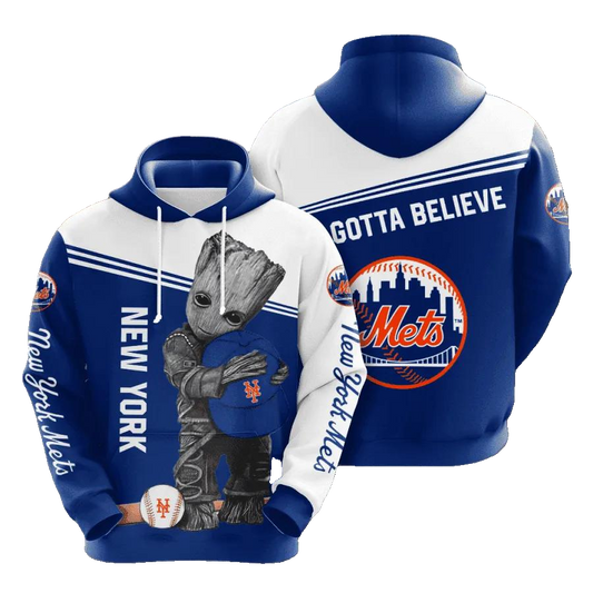 Baby Groot Hug New York Mets 3D MLB All Over Print Hoodie -Moonbestprint