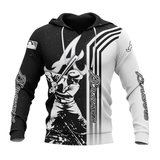 Atlanta Braves Black And White MLB All Over Print Hoodie -Moonbestprint