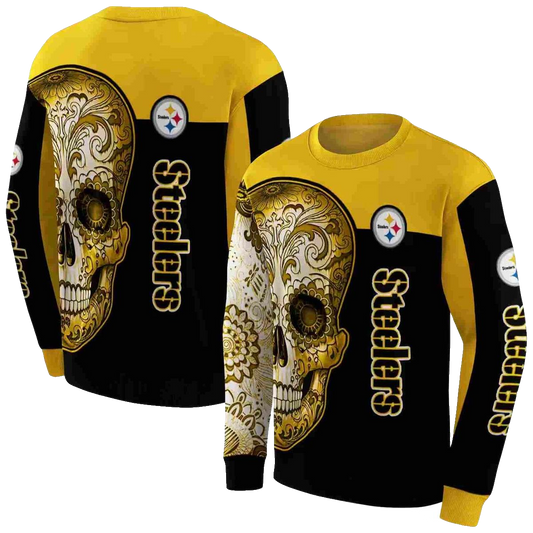 Pittsburgh Steelers Sugar Skull Gold Black AOP Sweatshirt - Moonbestprint