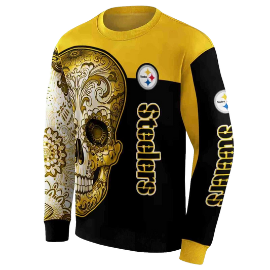 Pittsburgh Steelers Sugar Skull Gold Black AOP Sweatshirt - Moonbestprint