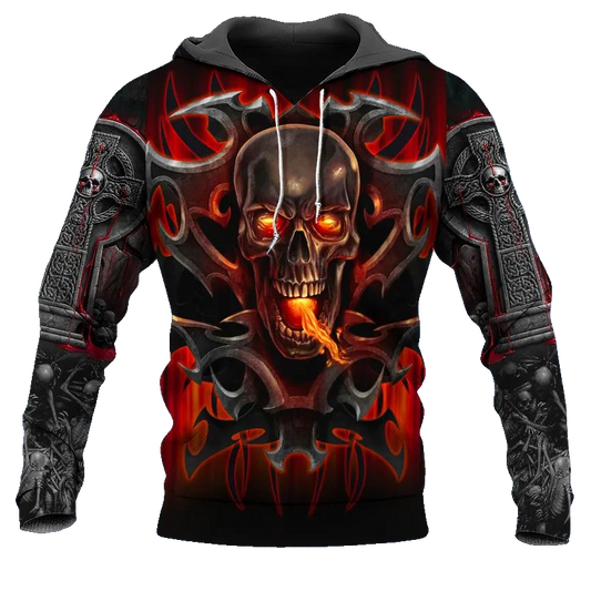 Armor Tattoos Fire Skull 3D All Over Print Hoodie -Moonbestprint