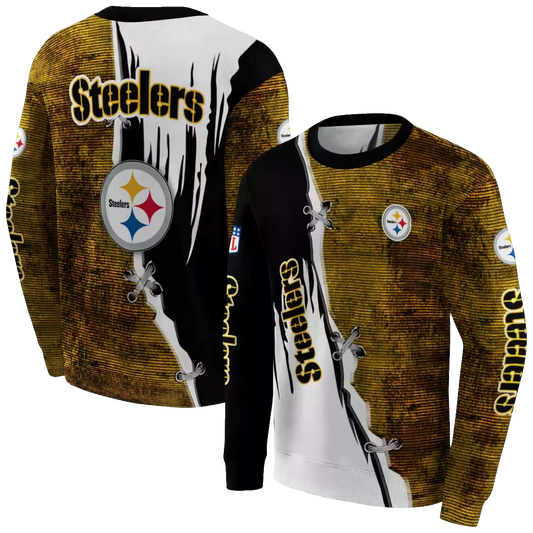 Pittsburgh Steelers Ripped Pattern Gold Black White AOP Sweatshirt - Moonbestprint
